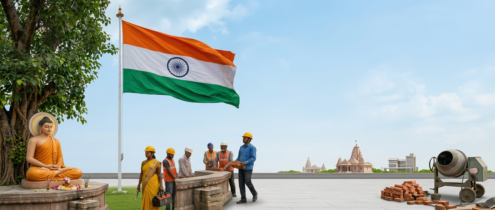 Construction workers in helmets near a Buddha statue and Indian flag at a building site