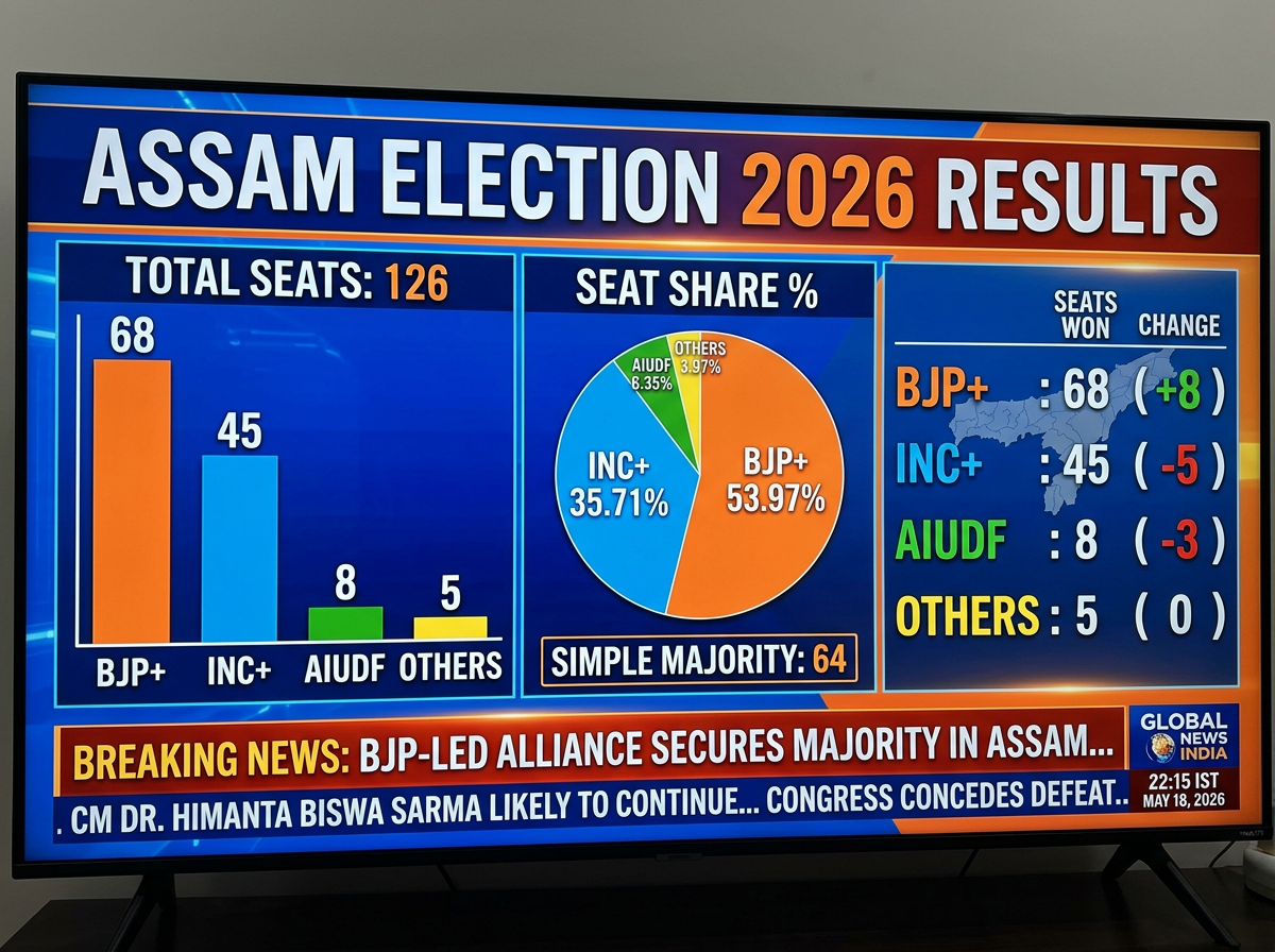 Assam election 2026 results with total seats, seat share percentages, and seats won by BJP+, INC+, AIUDF, and Others.