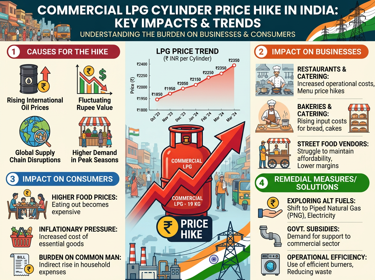 Infographic showing causes, impacts, price trend, and solutions for commercial LPG price hikes in India