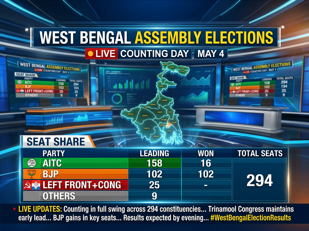 West Bengal Assembly Elections seat share and live counting results with a map of constituencies