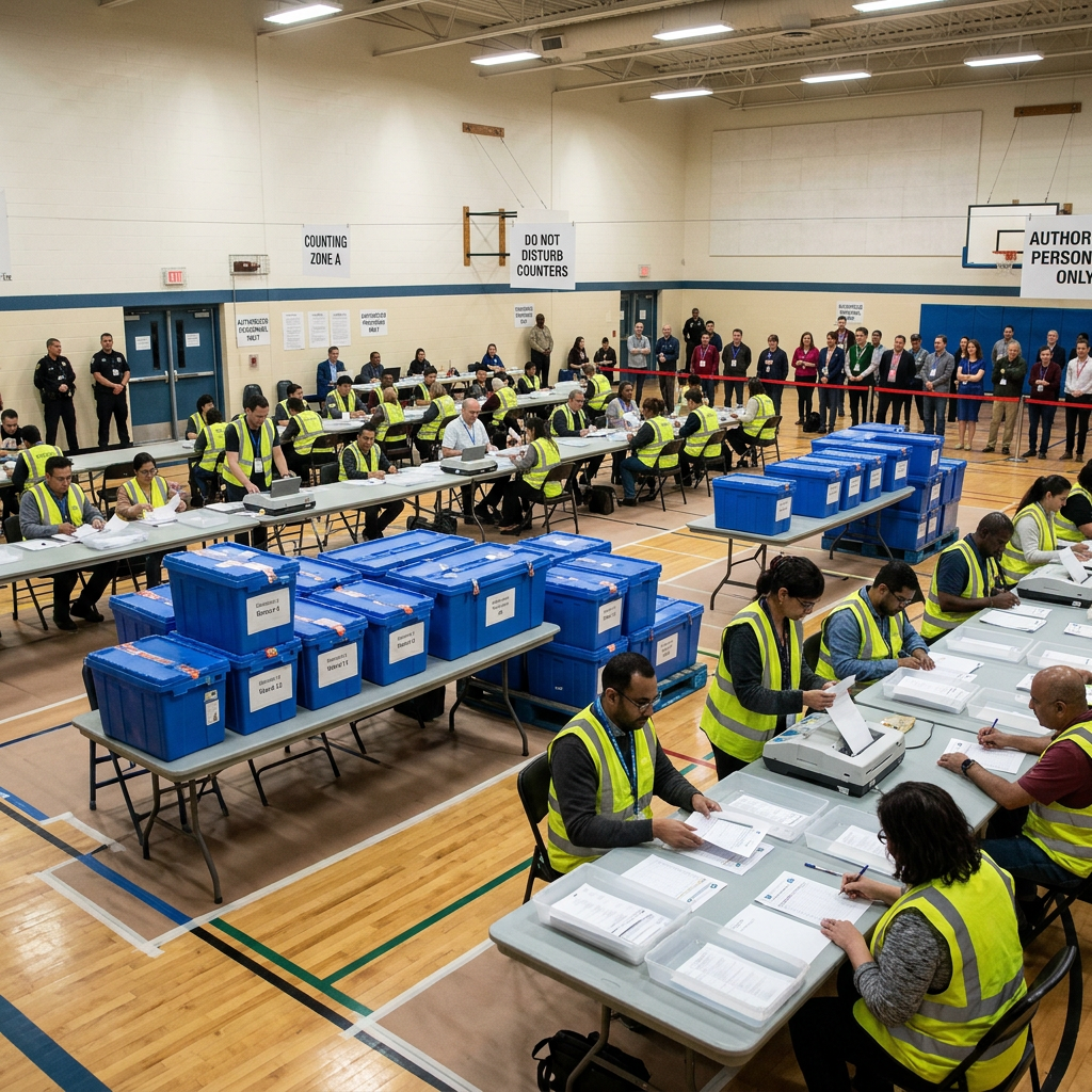 Election workers in yellow vests counting ballots at tables with blue ballot boxes in gymnasium