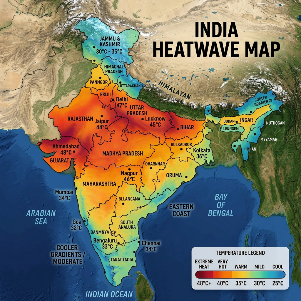 Map of India showing heatwave temperature gradients with warmer colors in northern and central regions and cooler colors in southern and northeastern regions, including temperature labels for major cities.