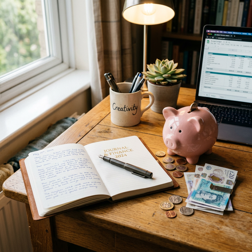 Desk with open journal titled 'Journal & Finance 2024,' pen, piggy bank, British currency, and laptop showing budget spreadsheet