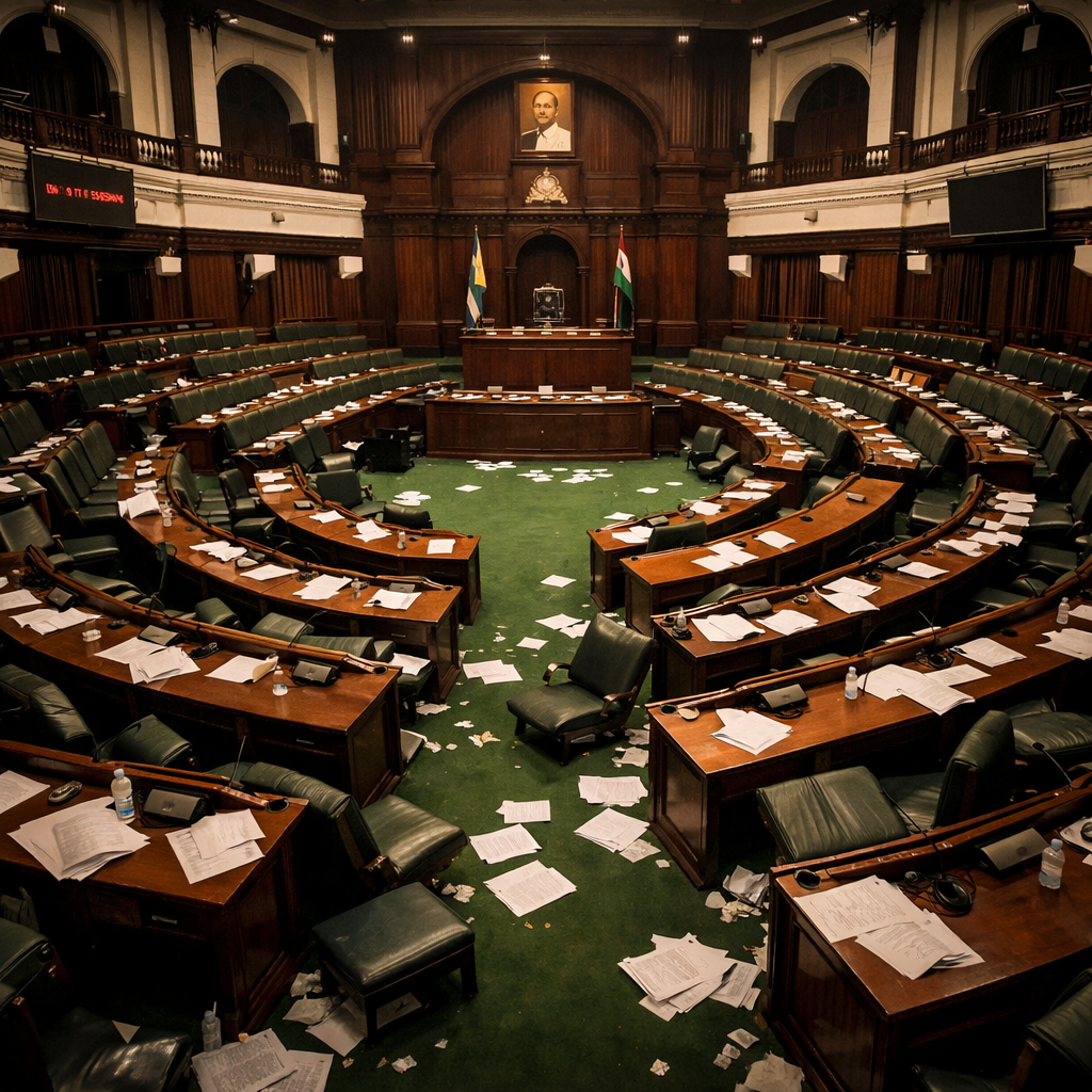 Empty parliamentary chamber with scattered papers and overturned chairs