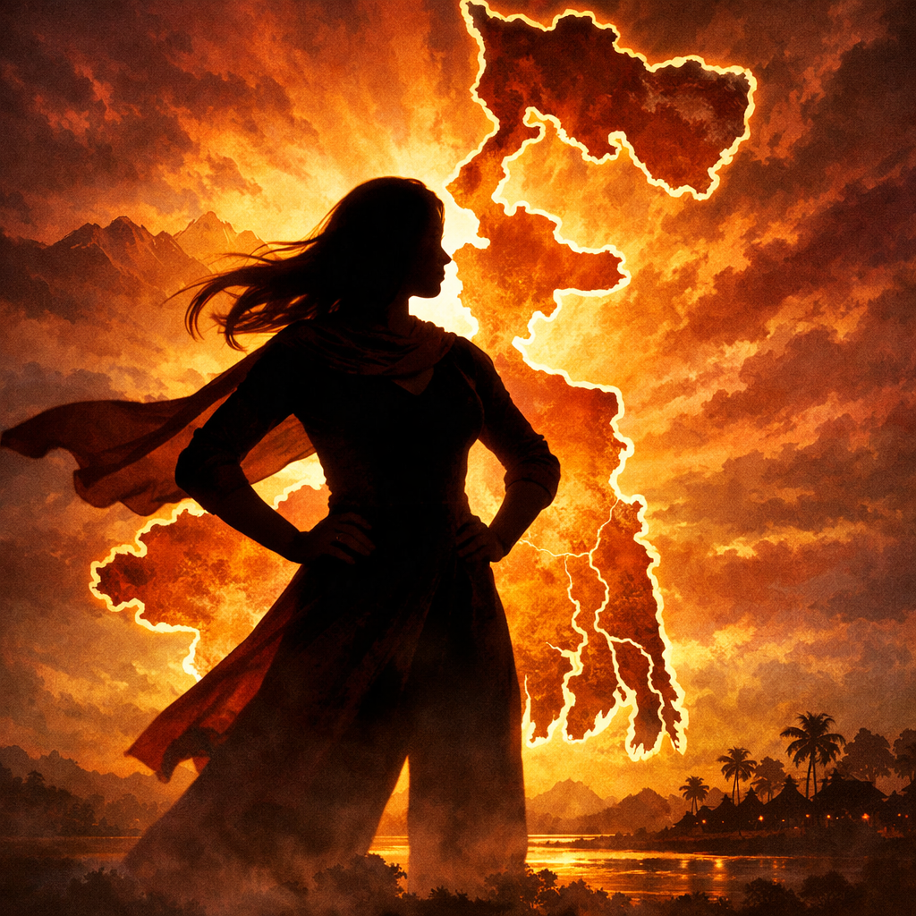 Silhouette of a woman with hands on hips in front of glowing fiery map of India at sunset