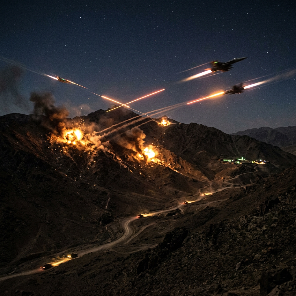Two fighter jets firing missiles over mountains with explosions and smoke at night