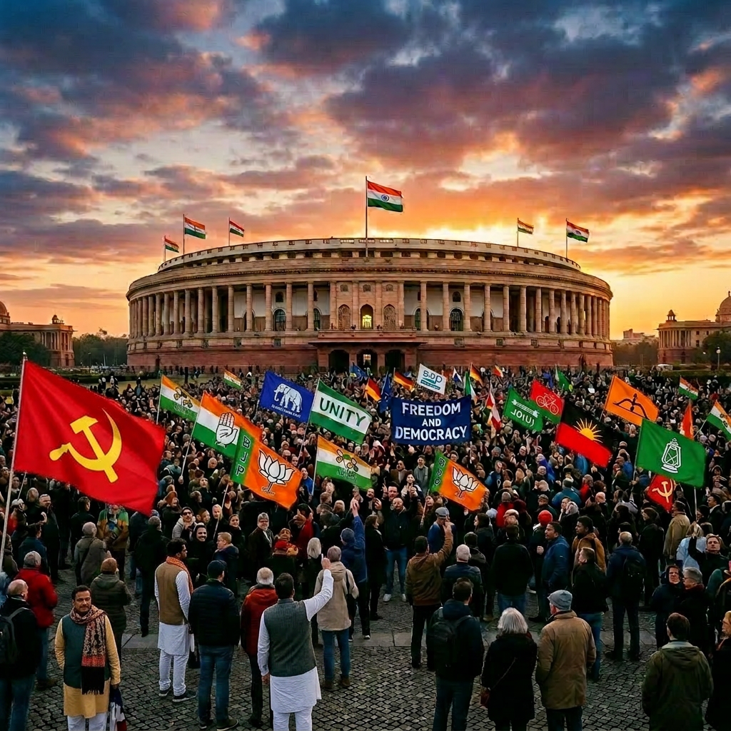 Large crowd holding flags and banners reading 'UNITY' and 'FREEDOM AND DEMOCRACY' in front of Reichstag building