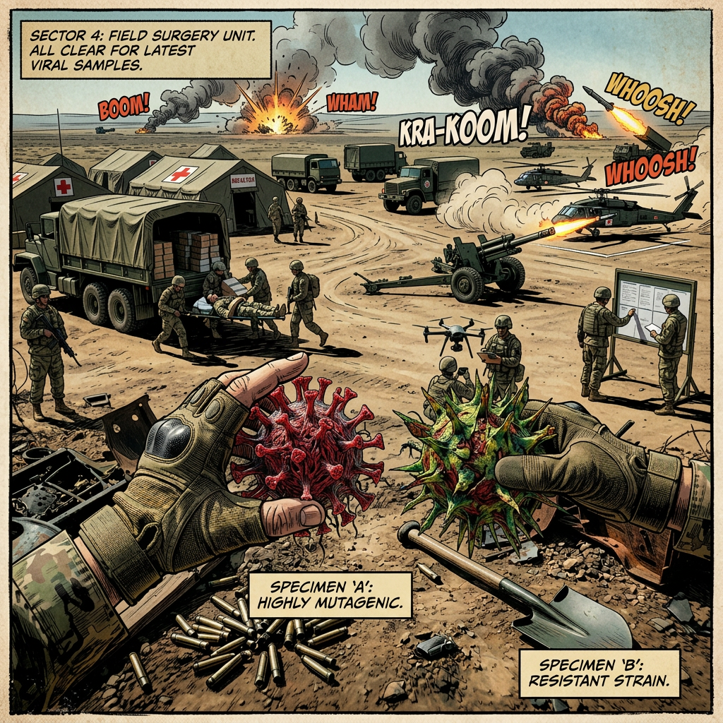 Virus character handing infection vial to rat in war-torn battlefield