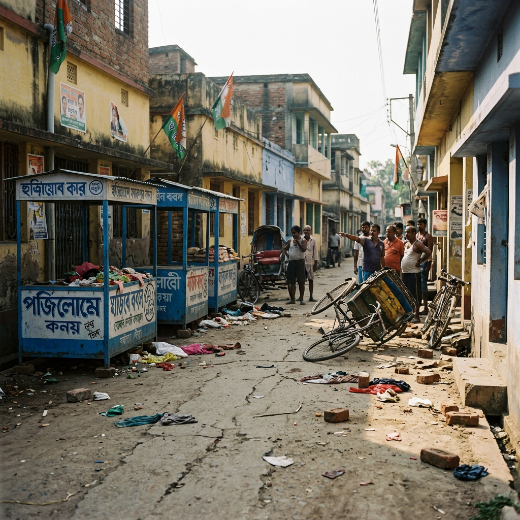 Street with overturned carts, scattered clothes and bricks, and men gathered on the side