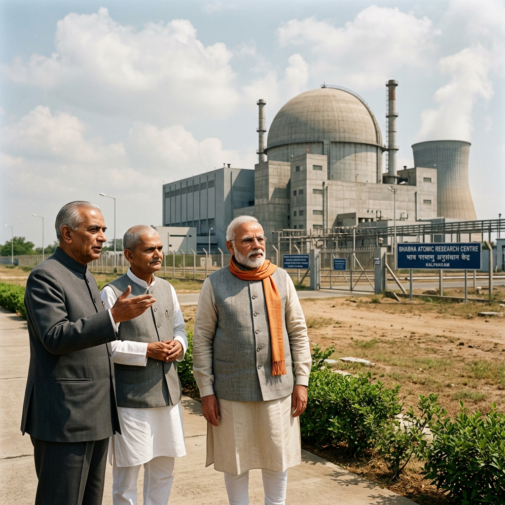 Three men standing outside the Bhabha Atomic Research Centre with the nuclear facility in the background