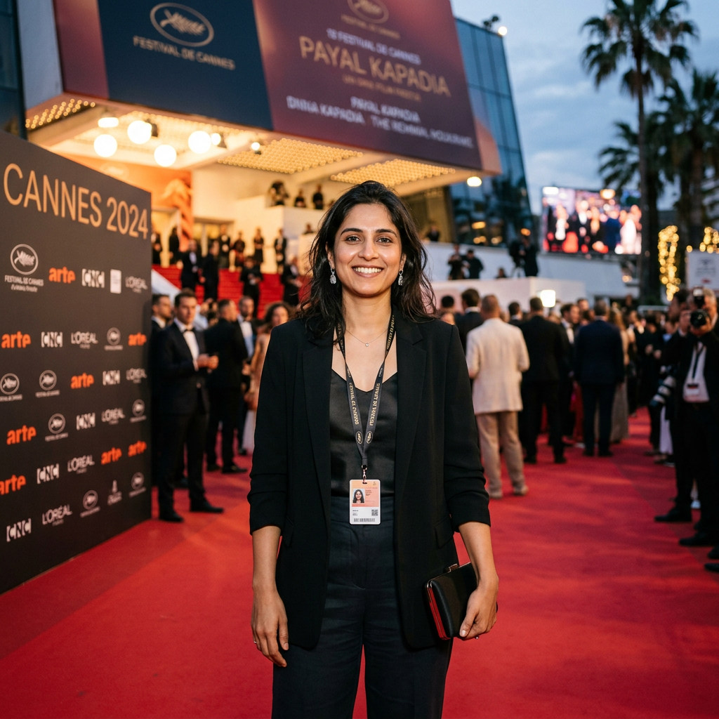 Woman standing on red carpet at Cannes Film Festival 2024 with badge and black outfit
