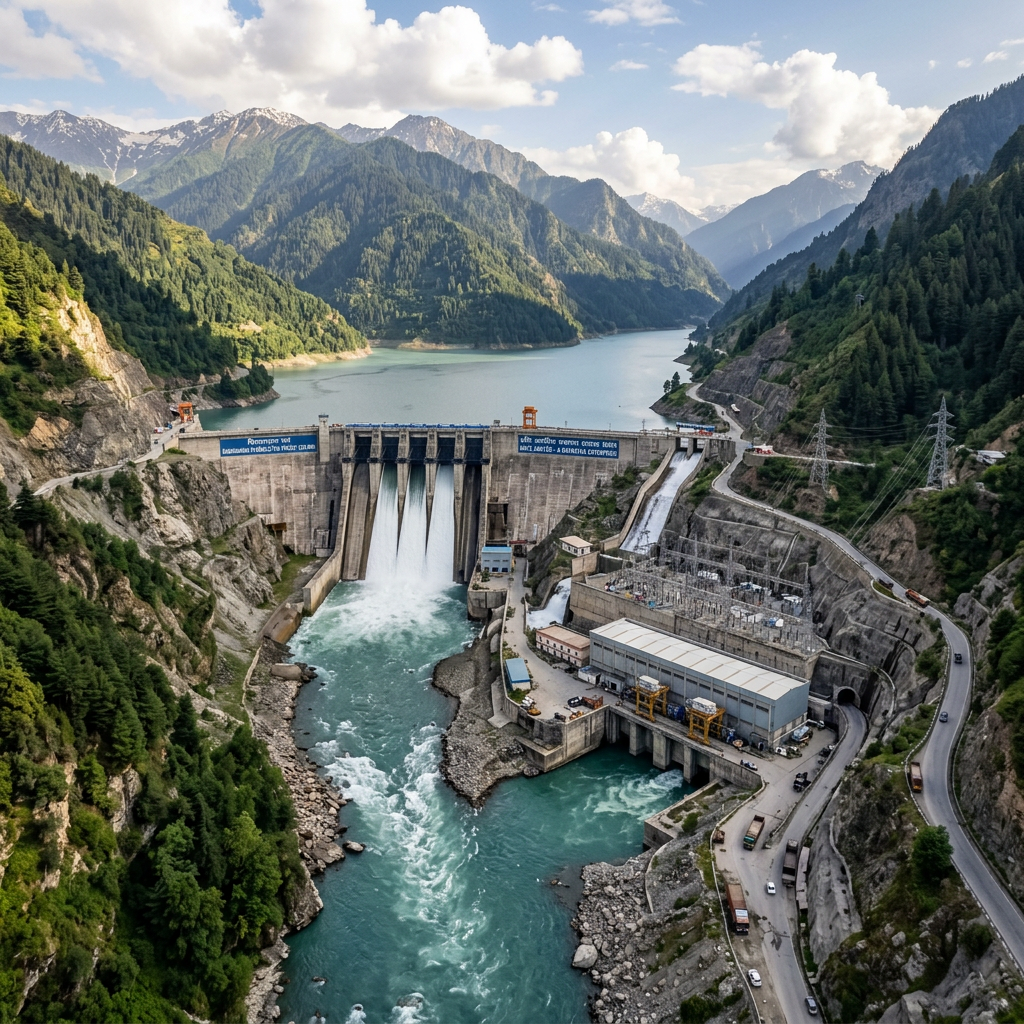 Hydroelectric dam with water flowing into river amid forested mountains and a reservoir