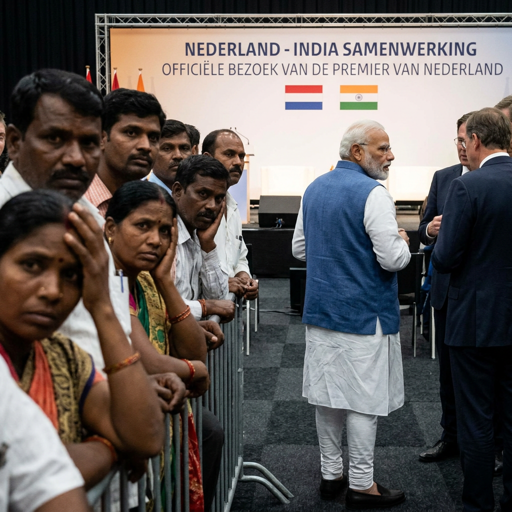 Add Dutch PM background, Modi ignoring, stressed Indians foreground