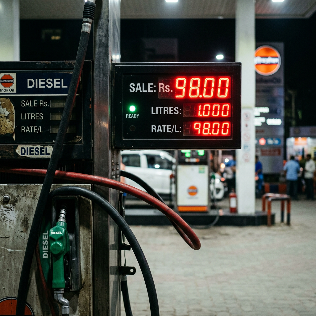 Diesel fuel pump digital display showing price, litres, and rate per litre