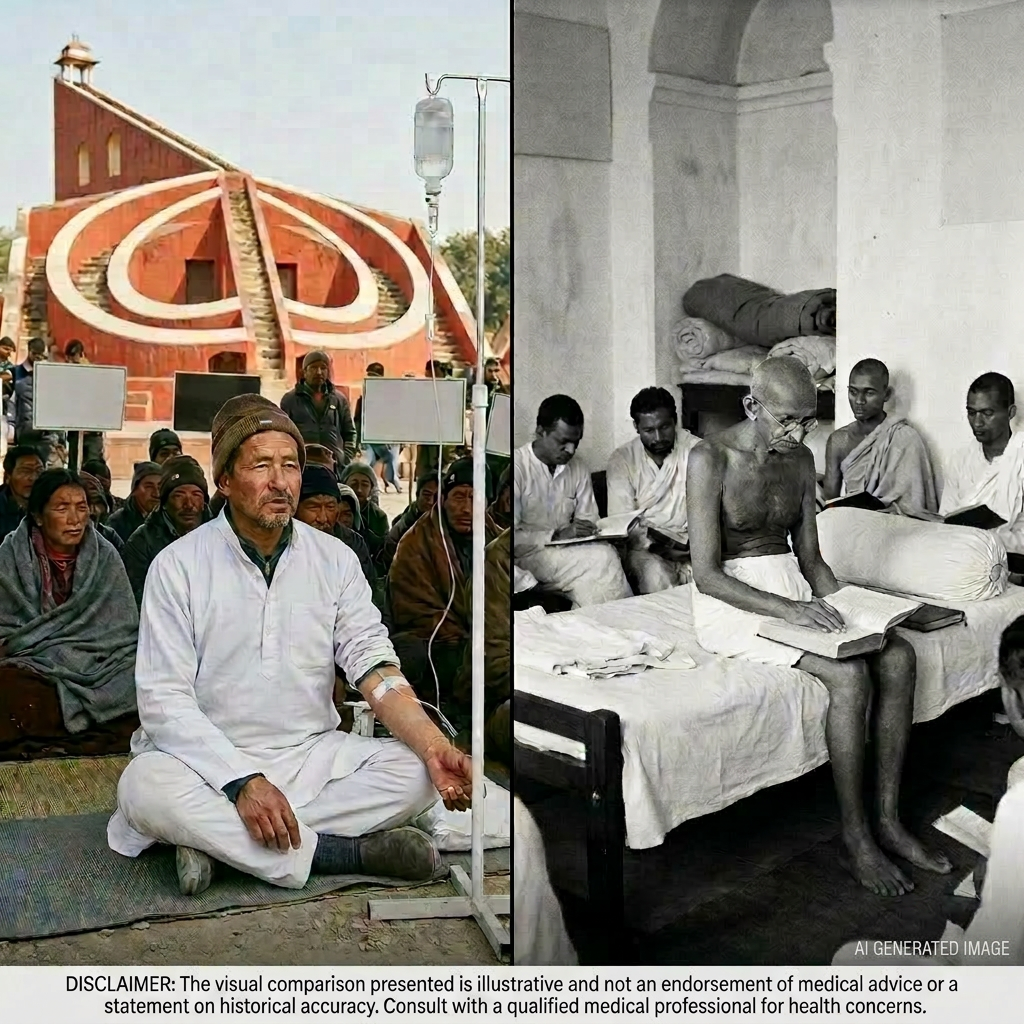 Side-by-side images of a climate fast protester in Ladakh in 2024 and Mahatma Gandhi fasting in 1932