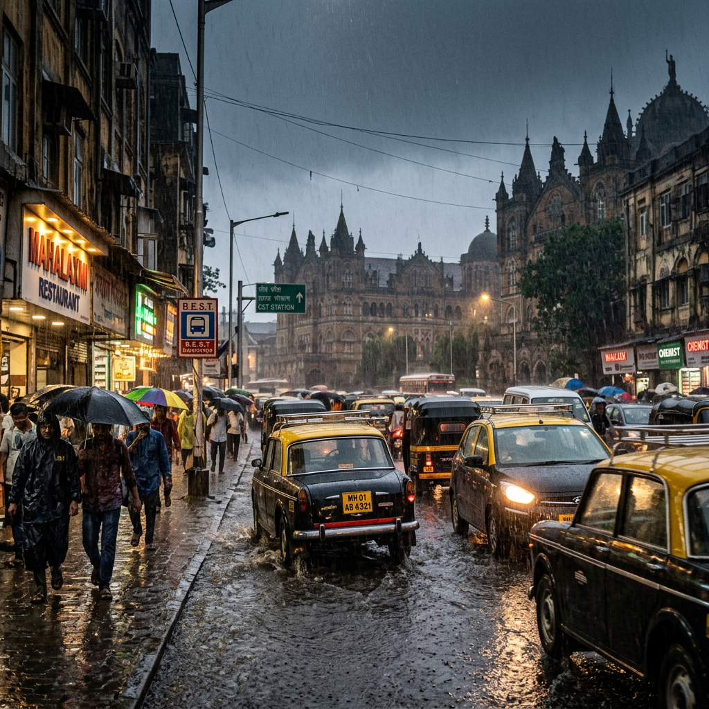 Flooded street in Mumbai near CST Station with yellow and black taxis, pedestrians with umbrellas, and historic building in background.